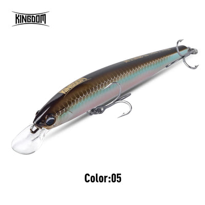 Sinking minnow diving lure with dark body and blue iridescent sheen, silver treble hooks
