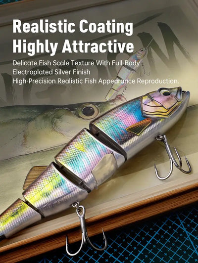 Segmented hard bait lure with rainbow holographic coating and two treble hooks