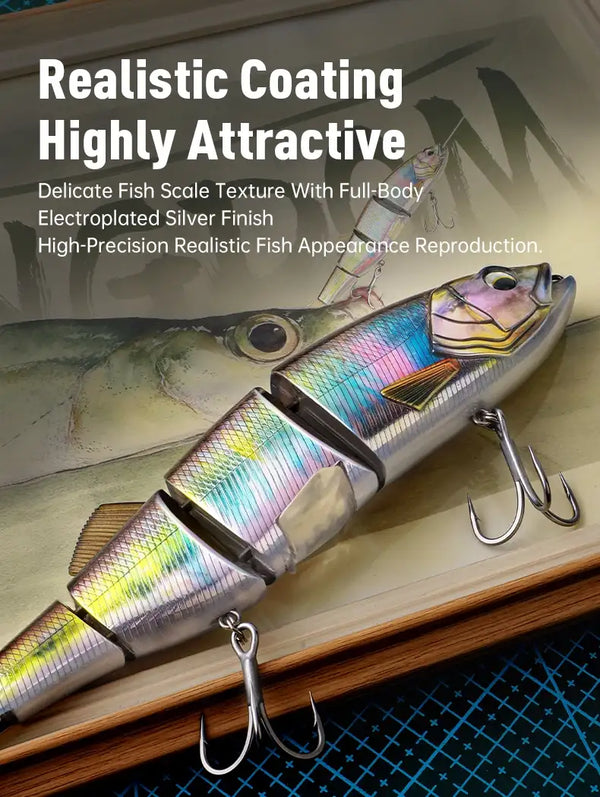 Segmented hard bait lure with rainbow holographic coating and two treble hooks