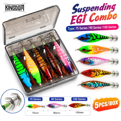 Luminous EGI squid jig set in clear box, five multi-color lures with treble hooks