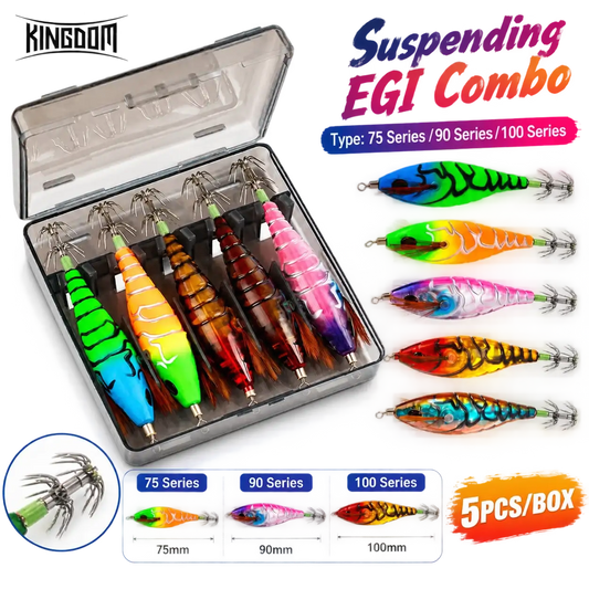 Luminous EGI squid jig set in clear box, five multi-color lures with treble hooks