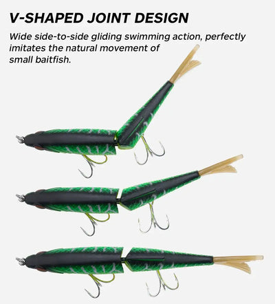 Hunthouse Flextail 135 V-joint swimbait, dark green pattern, treble hooks, tan feather tail