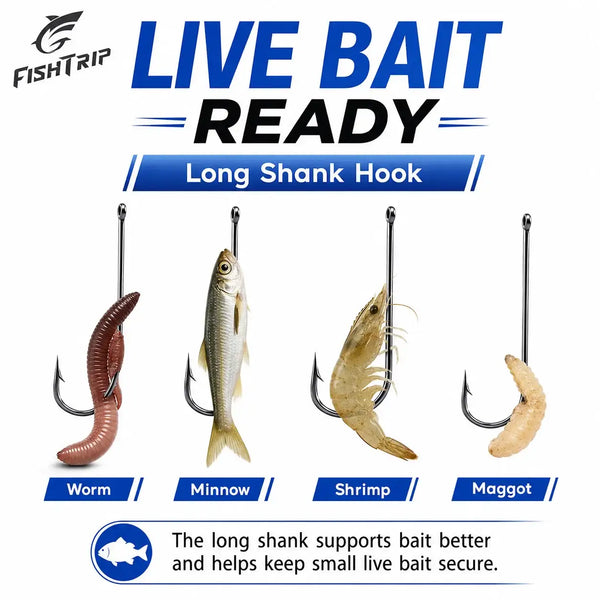 FishTrip long shank barbed hooks, three black metal hooks with bait-ready shape