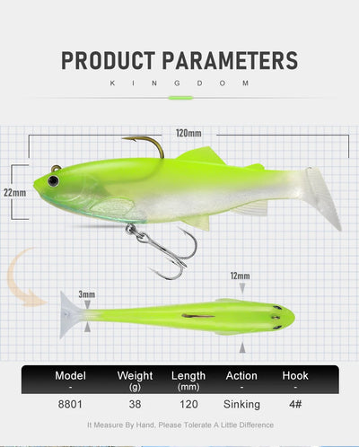 Soft plastic swimbait paddle-tail with treble hooks and measurement diagram