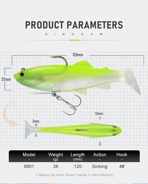 Soft plastic swimbait paddle-tail with treble hooks and measurement diagram