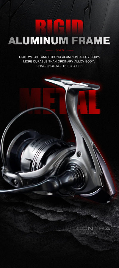 Fishing reel on stand showing rigid aluminum frame, silver body, and black spool