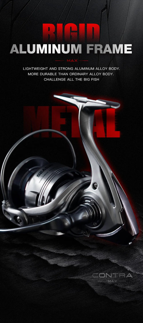 Fishing reel on stand showing rigid aluminum frame, silver body, and black spool