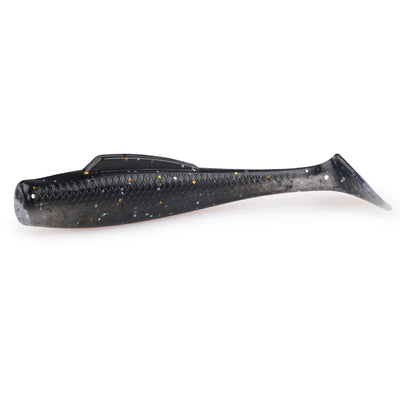 Dark gray soft plastic paddle tail minnow lure with silver speckled finish