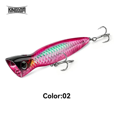 Pink and black topwater popper fishing lure, twin treble hooks