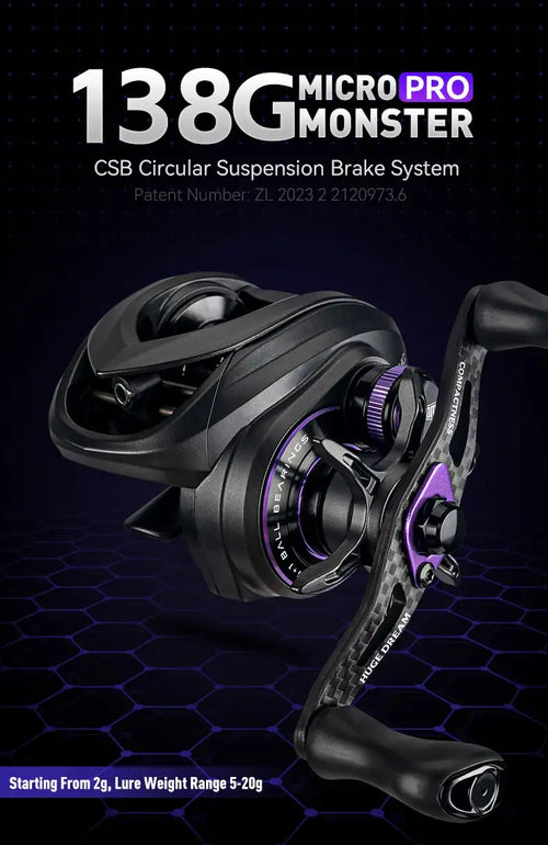 Black micro baitcasting fishing reel with purple spool ring and side crank handle