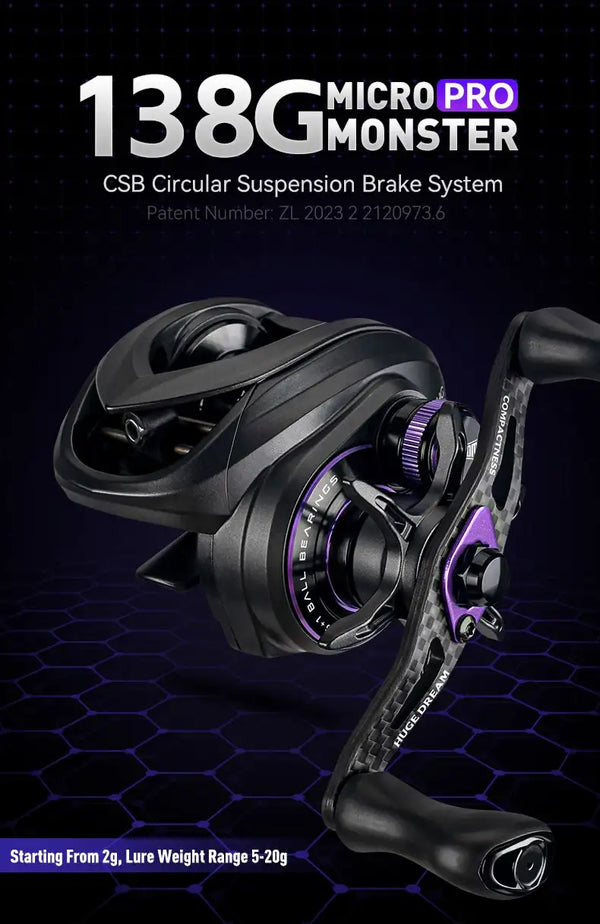 Black micro baitcasting fishing reel with purple spool ring and side crank handle