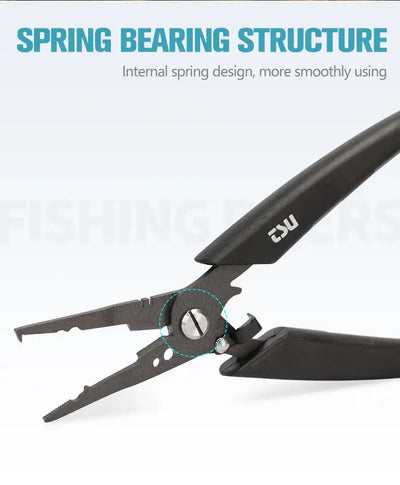 Fishing pliers spring joint close-up with black ABS handles and silver pivot hardware