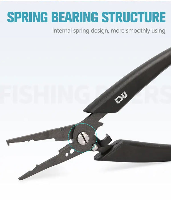 Fishing pliers spring joint close-up with black ABS handles and silver pivot hardware