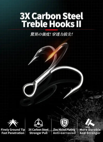 Two treble fishing hooks with shiny silver finish and three barbed points