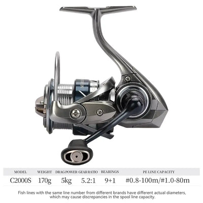 Lightweight spinning reel with metallic gray finish, spool, bail arm, and handle
