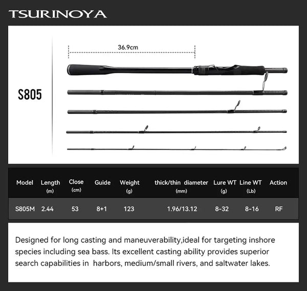 Packable lure rod, S805 model, black multi-section handle with line guides