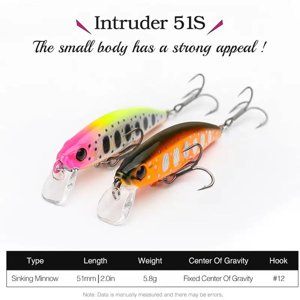 TSURINOYA Intruder 51S sinking minnow fishing lure, orange and pink with treble hooks