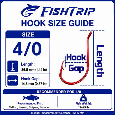Red offset circle fishing hook size 4/0 on size guide card with hook gap info