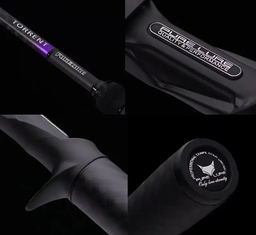 Spinning rod close-up showing PURELURE branding and TORRENT label on handle