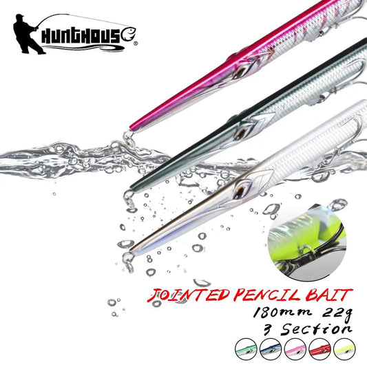 Hunthouse 180mm sinking trolling pencil lure, pink and silver needle bait with treble hook