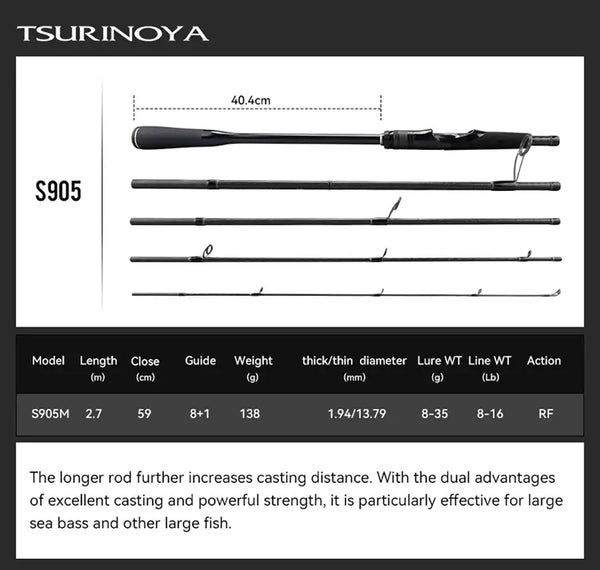 Packable lure rod, S905 model, black multi-section handle with line guides