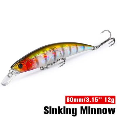 Sinking minnow fishing lure, silver and orange with iridescent body and treble hooks