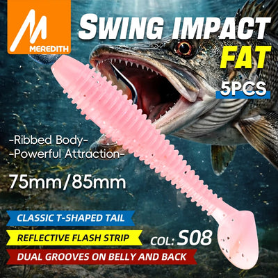 Pink ribbed soft plastic paddle-tail lure, 75/85mm, with reflective flash strip