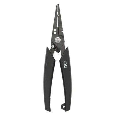 Fishing pliers with black ABS handles and stainless steel jaws, compact multi-tool design
