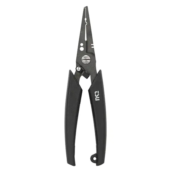 Fishing pliers with black ABS handles and stainless steel jaws, compact multi-tool design