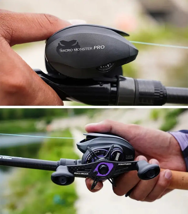 Black baitcasting fishing reel with handle, close-up on top dial and spool housing