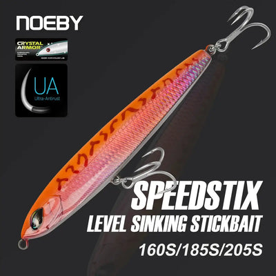 Orange/pink sinking stickbait with silver treble hooks, pencil body