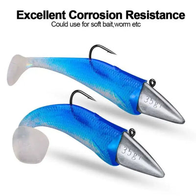 Triangle jig head long hook with silver 35g head on blue soft bait