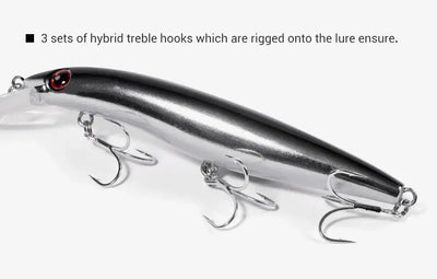 Hard bait minnow lure with three treble hooks, black metallic body and red eye