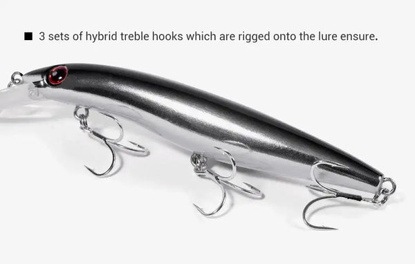 Hard bait minnow lure with three treble hooks, black metallic body and red eye