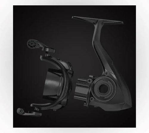 Black spinning reel frame with anti-reverse mechanism area, angled view
