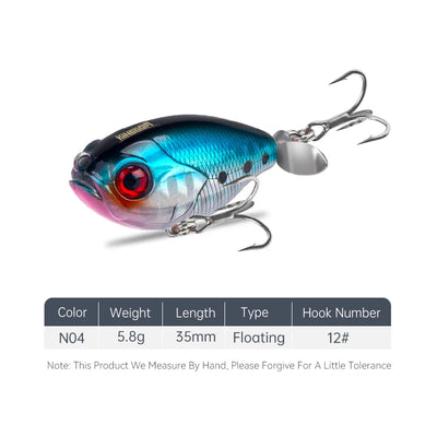 Floating topwater lure, blue metallic body with red eye and silver treble hooks