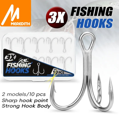 MEREDITH treble fishing hooks set, 10pcs on card, sharp solid hook points, sizes 6/8