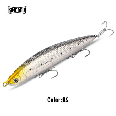 Sinking pencil fishing lure, silver and yellow/gold body with 3 treble hooks