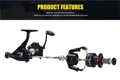 Spinning fishing reel set shown with open bail and crank handle