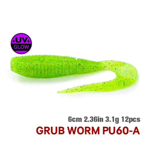 TSURINOYA curled grub worm soft bait, neon green UV glow, 60mm 3.1g, 12pcs