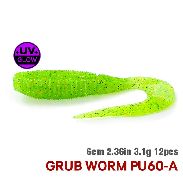 TSURINOYA curled grub worm soft bait, neon green UV glow, 60mm 3.1g, 12pcs