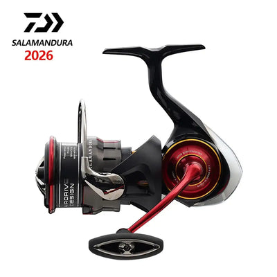 DAIWA SALAMANDURA spinning reel with red spool, black body, and folding handle