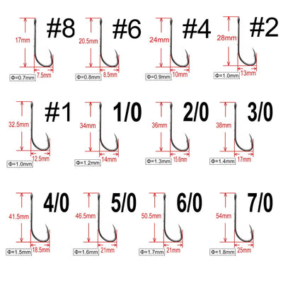 Barbed offset bait fishing hook size chart with numbered dimensions (#1 to #7/0)
