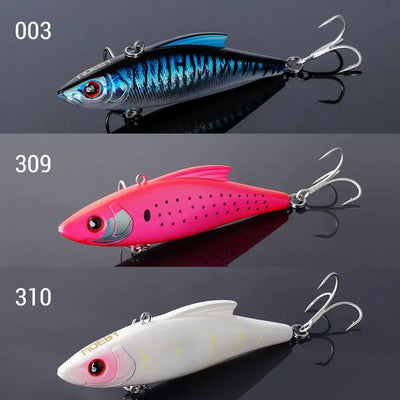 Three-piece sinking crankbait lure set with blue, pink, and white wobbling lures