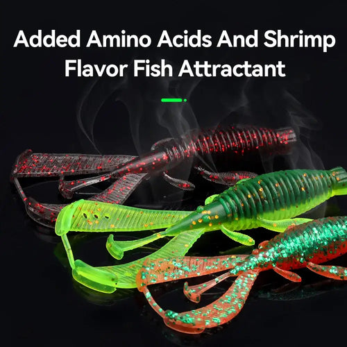 Green and dark red soft shrimp lures with glittery speckles and flexible legs