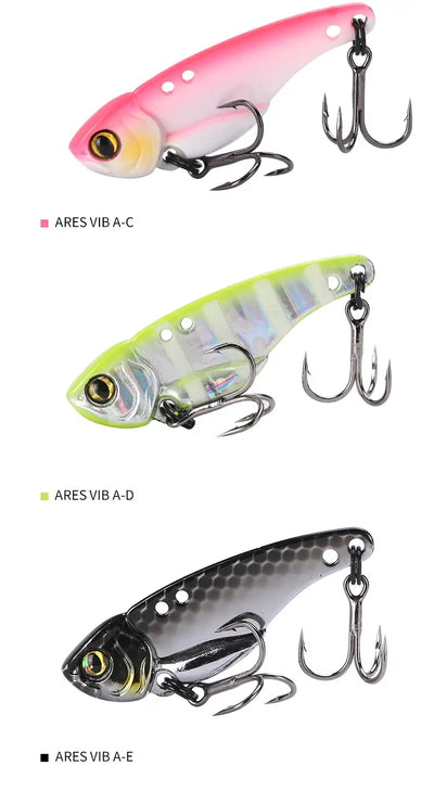 The Tsurinoya Ares-A metal vib fishing lure features a pink white gradient body with 3D eye and silver treble hooks