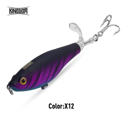 Floating topwater fishing lure, black and purple, rotating tail, treble hooks