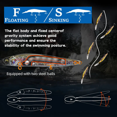 110mm floating/sinking minnow lure pair, clear body with yellow accents and treble hooks