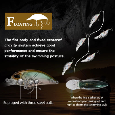 Floating crankbait lure lineup showing one silvery minnow-style bait with treble hooks