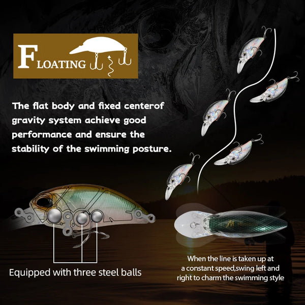 Floating crankbait lure lineup showing one silvery minnow-style bait with treble hooks